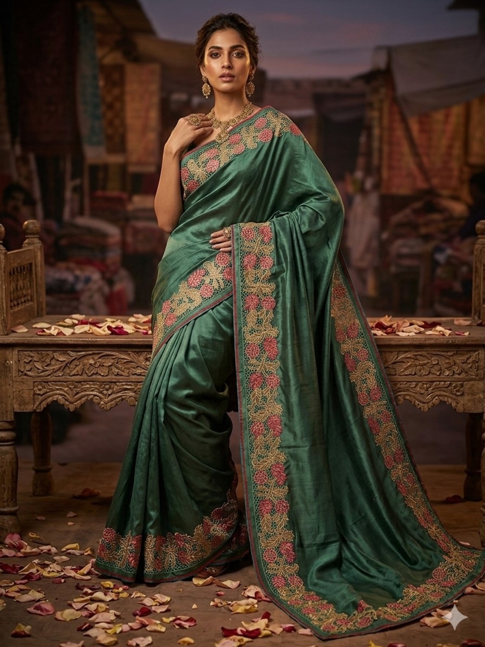 Women Pure Tussar Silk Saree Hand Cut Work Embroidered Festive Indian Green Pink